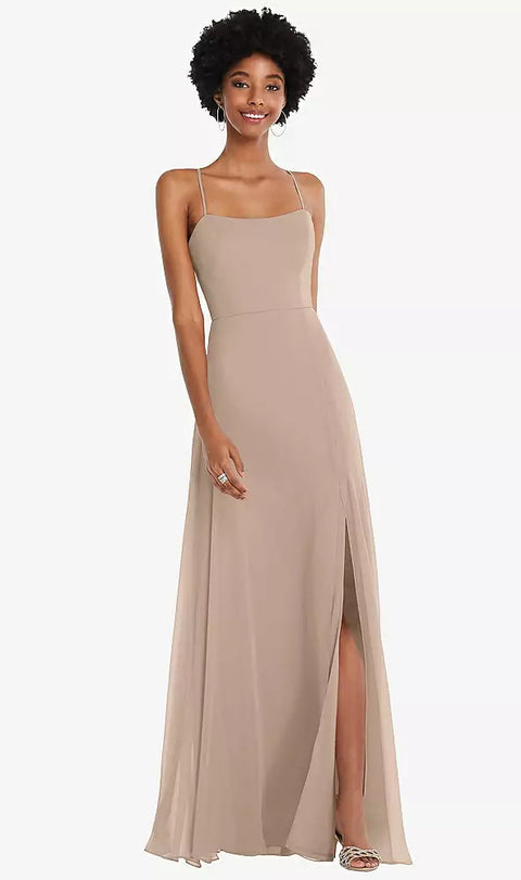 After Six 1559 Scoop Neck Convertible Tie-strap Maxi Dress With Front Slit