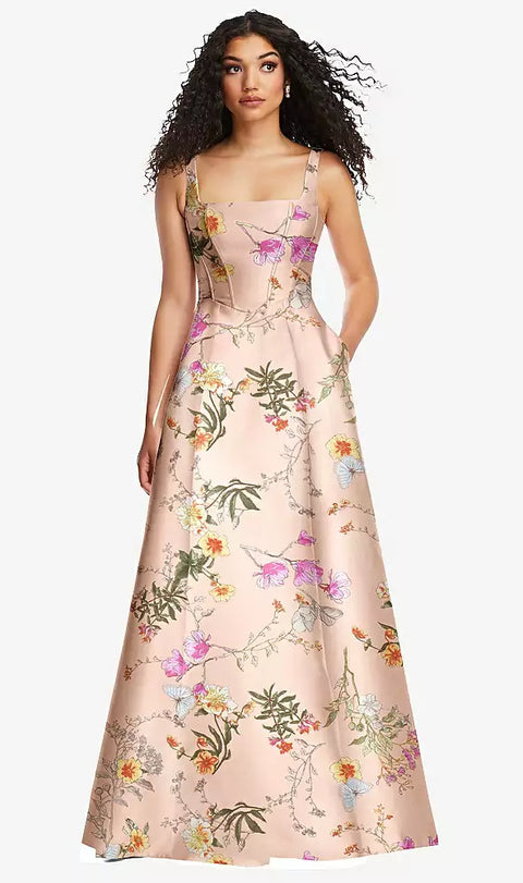 Alfred Sung D844fp Boned Corset Closed-back Floral Satin Gown With Full Skirt