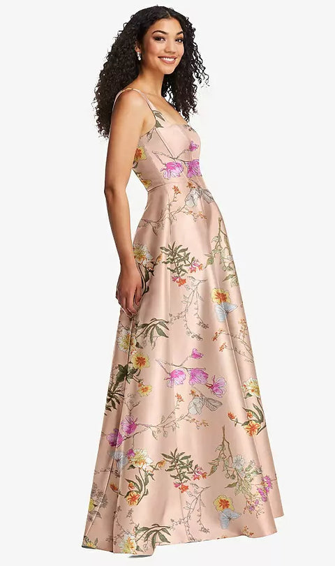 Alfred Sung D844fp Boned Corset Closed-back Floral Satin Gown With Full Skirt