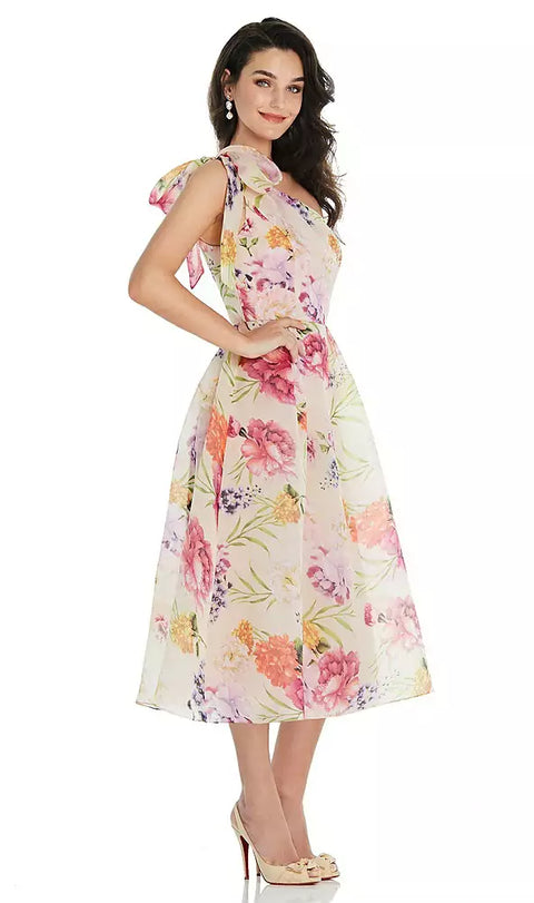 Alfred Sung D835fp Scarf-tie One-shoulder Pink Floral Organdy Midi Dress