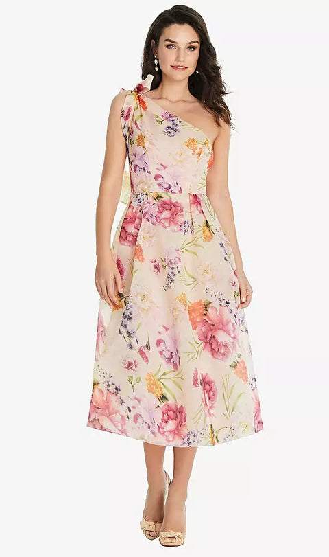 Alfred Sung D835fp Scarf-tie One-shoulder Pink Floral Organdy Midi Dress