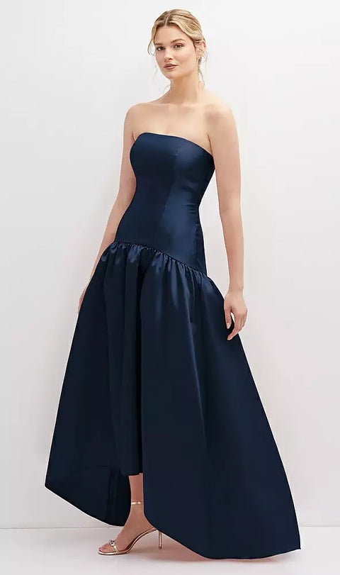 Alfred Sung D851 Strapless Fitted Satin High Low Dress With Shirred Ballgown Skirt