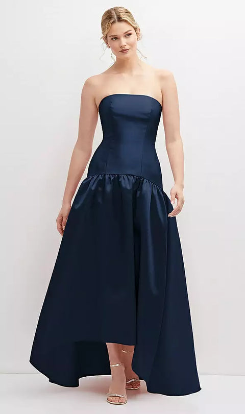 Alfred Sung D851 Strapless Fitted Satin High Low Dress With Shirred Ballgown Skirt