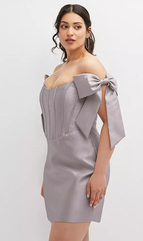 Alfred Sung D855 Satin Off-the-shoulder Bow Corset Fit And Flare Mini Dress