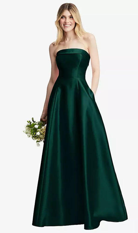 Alfred Sung D843 Strapless Bias Cuff Bodice Satin Gown With Pockets