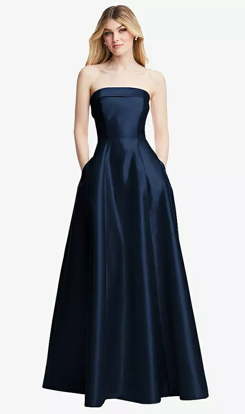 Alfred Sung D843 Strapless Bias Cuff Bodice Satin Gown With Pockets