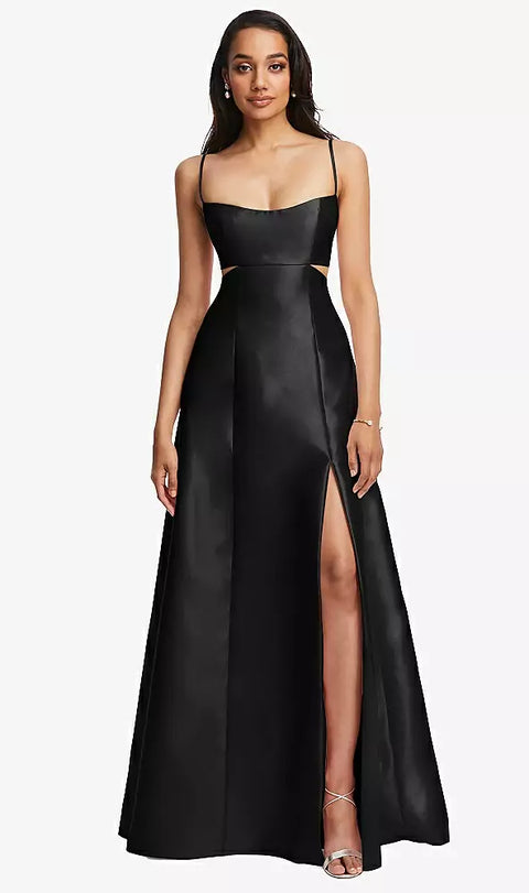 Alfred Sung D840 Open Neckline Cutout Satin Twill A-line Gown With Pockets