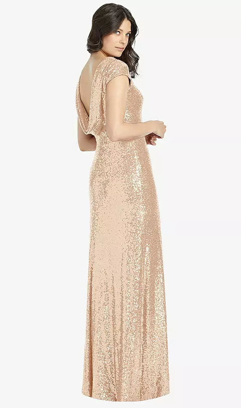 Dessy 3043 Cap Sleeve Cowl-back Sequin Gown With Front Slit