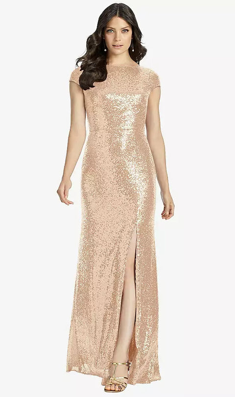 Dessy 3043 Cap Sleeve Cowl-back Sequin Gown With Front Slit