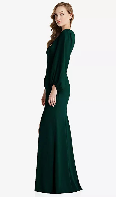 Dessy 3083 Long Puff Sleeve V-neck Trumpet Gown