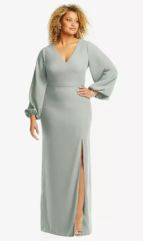 Dessy 3083 Long Puff Sleeve V-neck Trumpet Gown