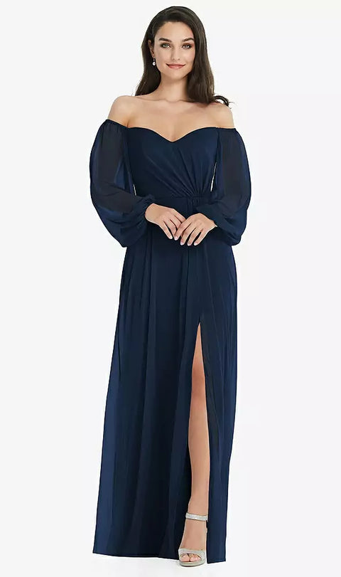 Dessy 3104 Off-the-shoulder Puff Sleeve Maxi Dress With Front Slit