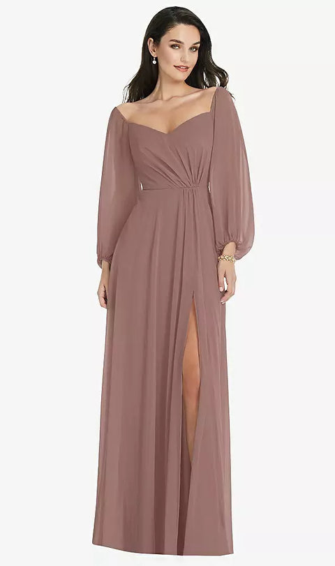 Dessy 3104 Off-the-shoulder Puff Sleeve Maxi Dress With Front Slit