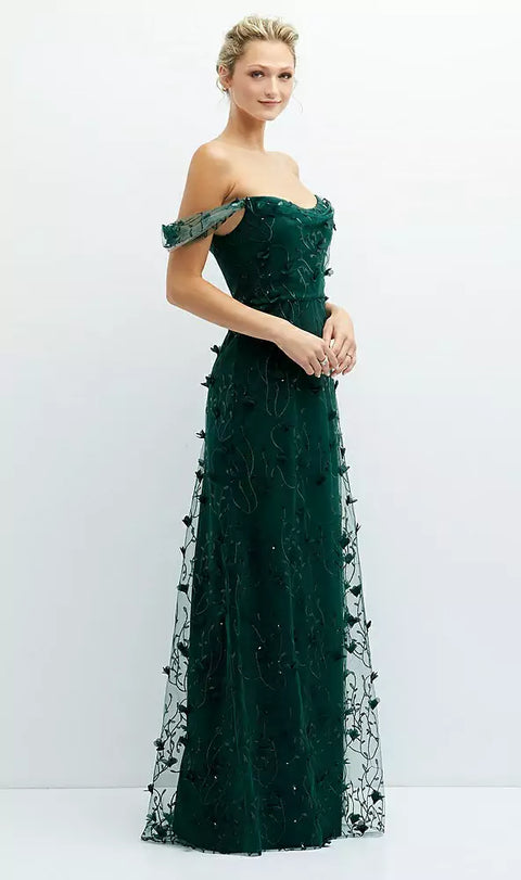 Dessy 3135 Off-the-shoulder A-line 3d Floral Embroidered Dress