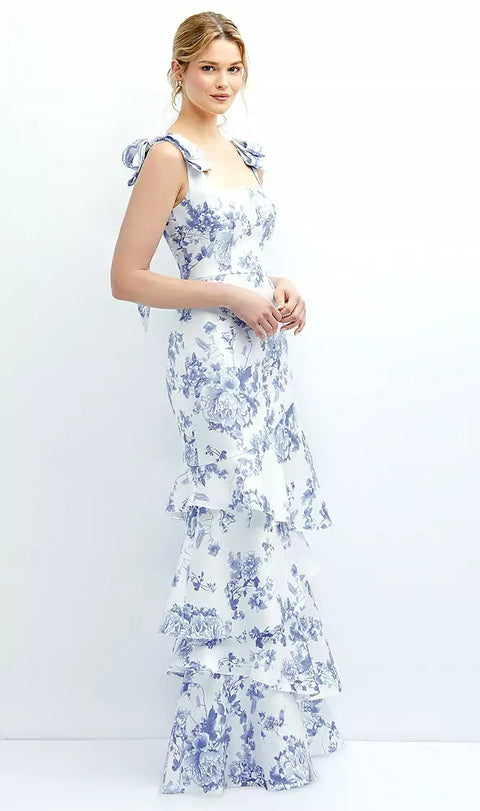 Dessy 3126fp Floral Bow-shoulder Satin Maxi Dress With Asymmetrical Tiered Skirt