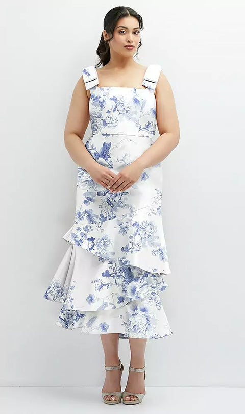 Dessy 3127fp Floral Bow-shoulder Satin Midi Dress With Asymmetrical Tiered Skirt