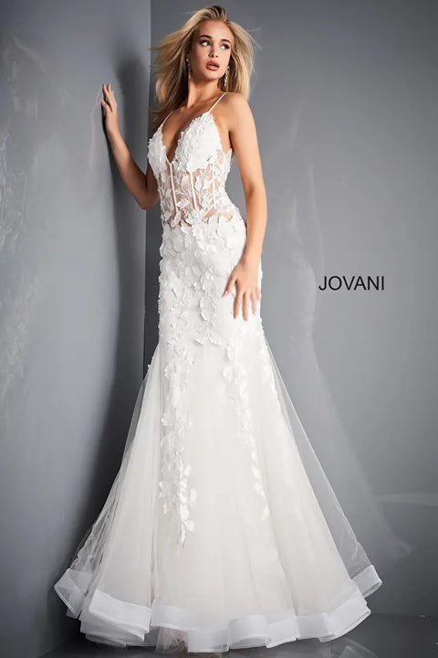 Jovani 02841 Sheer Floral Bodice Mermaid Wedding Party Dress