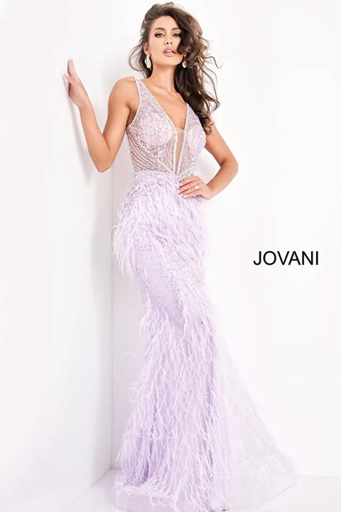 Jovani 03023 Sheer Embellished Plunging Neck Wedding Dress