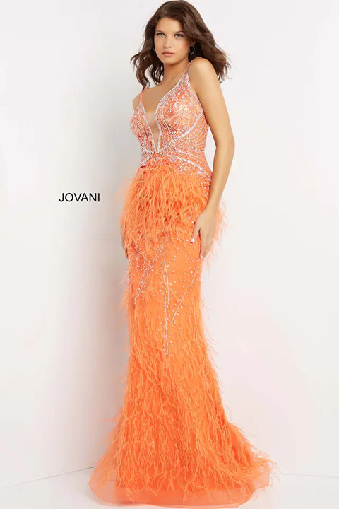 Jovani 03023 Sheer Embellished Plunging Neck Wedding Dress