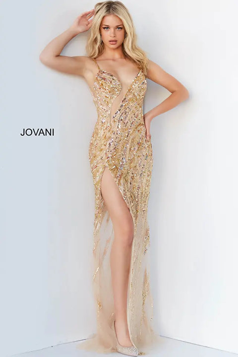 Jovani 04195 Beaded High Slit Embellished Sexy Long Dress