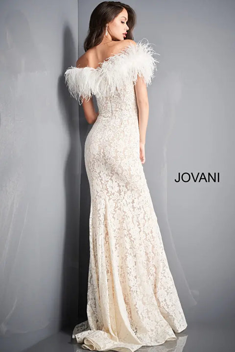 Jovani 06451 Feather Off The Shoulder Neckline Sheath Dress