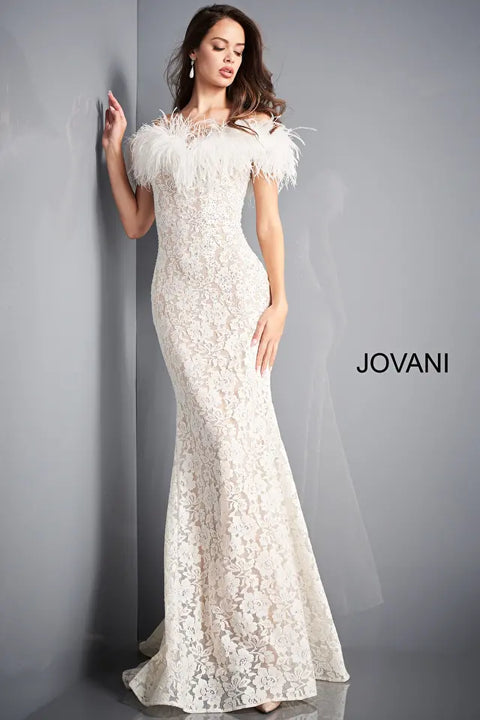 Jovani 06451 Feather Off The Shoulder Neckline Sheath Dress