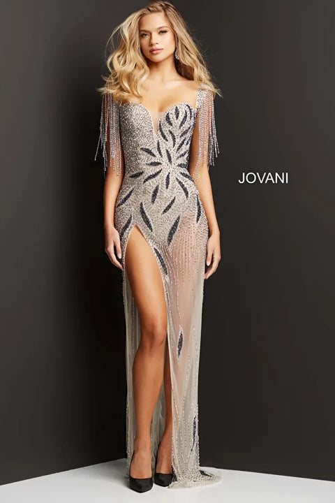Jovani 07031 Plunging Neck High Slit Beaded Plus Size Sheer Pageant Dress