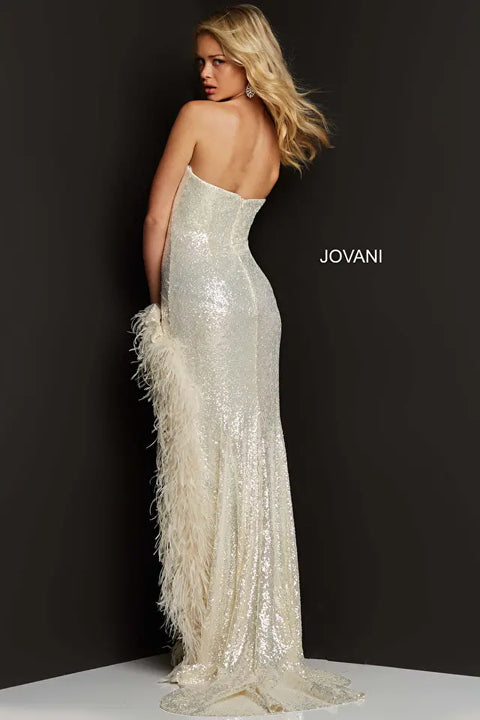 Jovani 07068 Plunging Neck High Feather Slit Strapless Sequin Dress