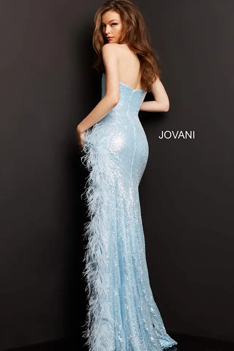 Jovani 07068 Plunging Neck High Feather Slit Strapless Sequin Dress