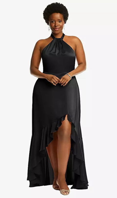 Social Bridesmaid 8230 Tie-neck Halter Maxi Dress With Asymmetric Cascade Ruffle Skirt