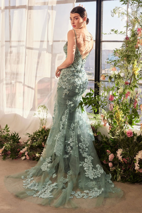 Andrea & Leo - A1421 Floral Plunging Neckline Gown