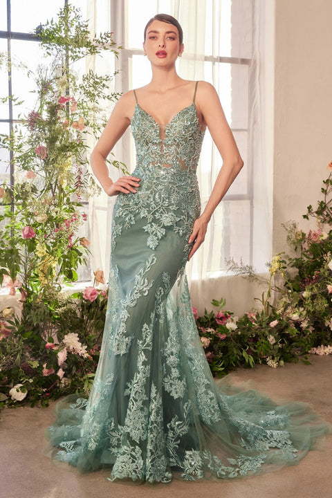 Andrea & Leo - A1421 Floral Plunging Neckline Gown