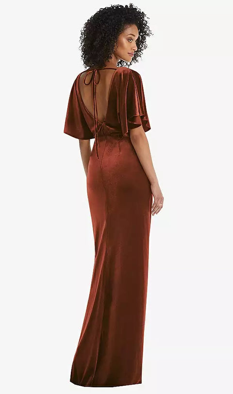 After Six 1552 Flutter Sleeve Open-back Velvet Maxi Dress With Draped Wrap Skirt