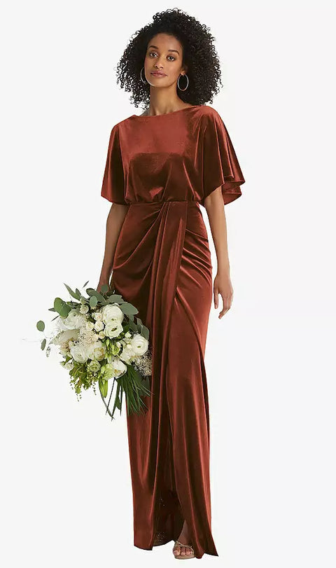 After Six 1552 Flutter Sleeve Open-back Velvet Maxi Dress With Draped Wrap Skirt