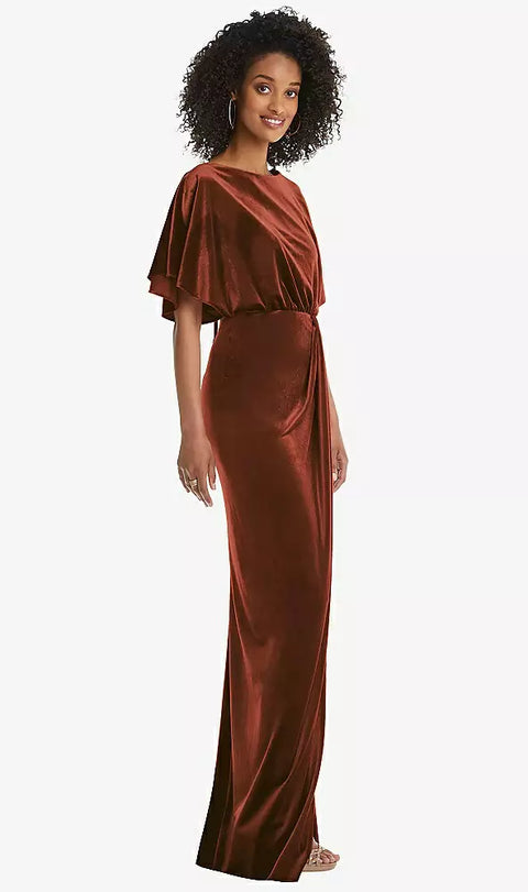 After Six 1552 Flutter Sleeve Open-back Velvet Maxi Dress With Draped Wrap Skirt