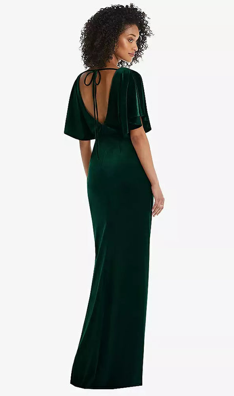 After Six 1552 Flutter Sleeve Open-back Velvet Maxi Dress With Draped Wrap Skirt