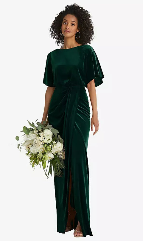 After Six 1552 Flutter Sleeve Open-back Velvet Maxi Dress With Draped Wrap Skirt