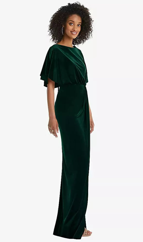 After Six 1552 Flutter Sleeve Open-back Velvet Maxi Dress With Draped Wrap Skirt