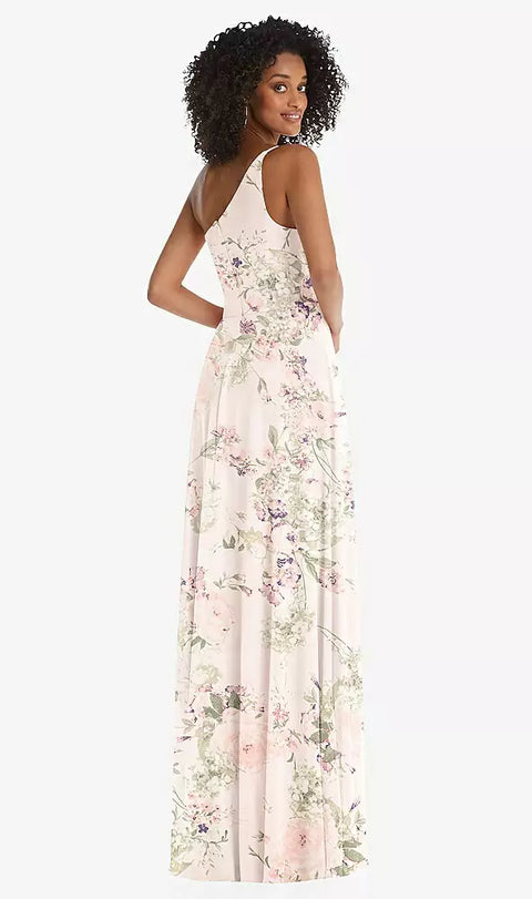 After Six 1555 One-shoulder Chiffon Maxi Dress With Shirred Front Slit