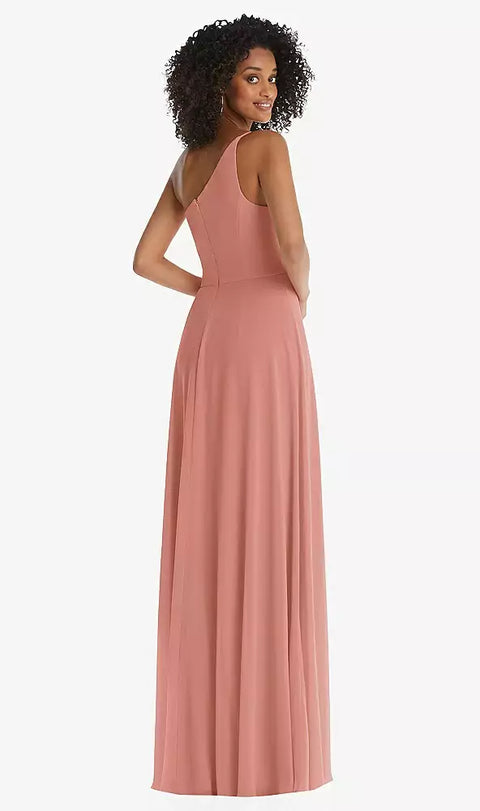 After Six 1555 One-shoulder Chiffon Maxi Dress With Shirred Front Slit