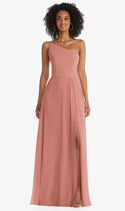 After Six 1555 One-shoulder Chiffon Maxi Dress With Shirred Front Slit