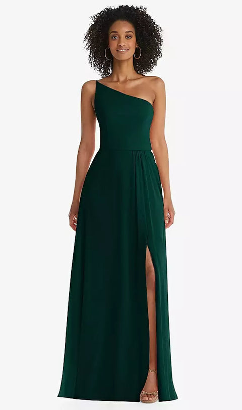 After Six 1555 One-shoulder Chiffon Maxi Dress With Shirred Front Slit