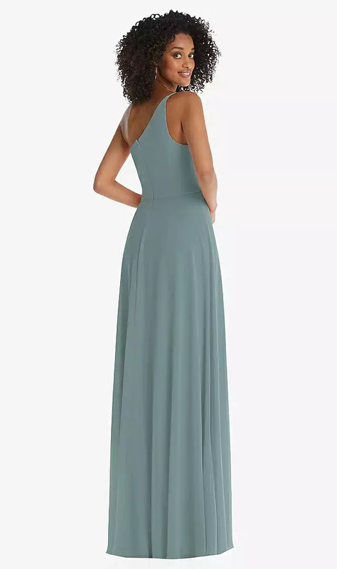 After Six 1555 One-shoulder Chiffon Maxi Dress With Shirred Front Slit