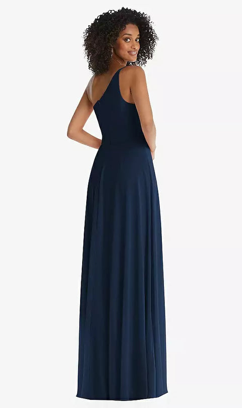 After Six 1555 One-shoulder Chiffon Maxi Dress With Shirred Front Slit