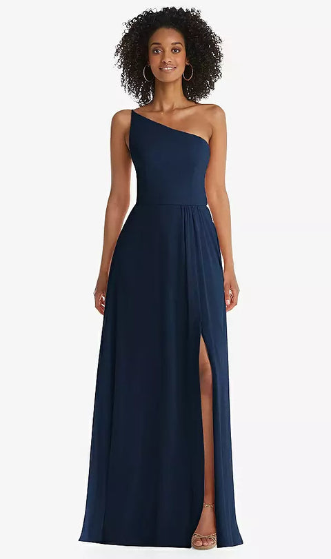 After Six 1555 One-shoulder Chiffon Maxi Dress With Shirred Front Slit