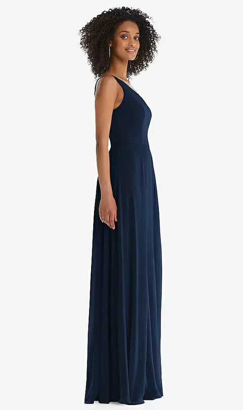 After Six 1555 One-shoulder Chiffon Maxi Dress With Shirred Front Slit