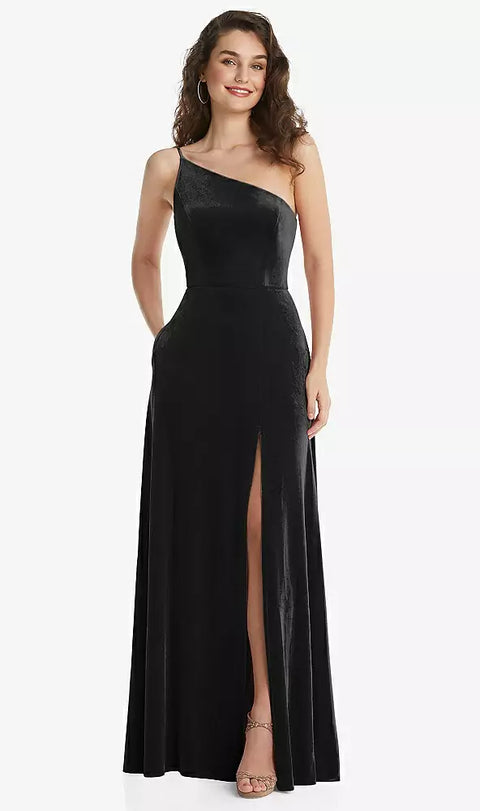 After Six 1556 One-shoulder Spaghetti Strap Velvet Maxi Dress With Pockets