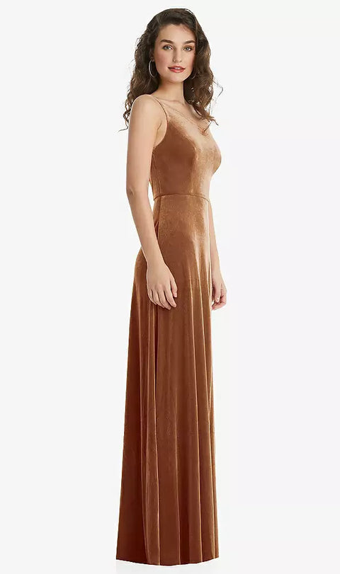 After Six 1556 One-shoulder Spaghetti Strap Velvet Maxi Dress With Pockets