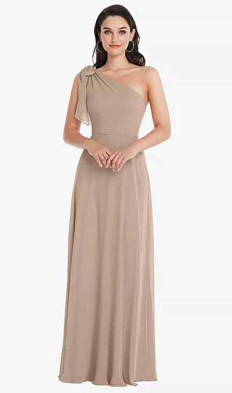 After Six 1561 Draped One-shoulder Maxi Dress With Scarf Bow