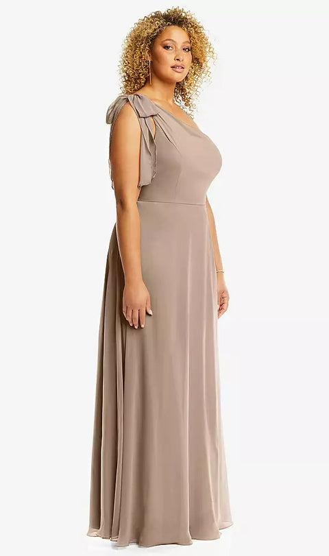 After Six 1561 Draped One-shoulder Maxi Dress With Scarf Bow